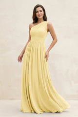 One - Shoulder Pleated A - Line Chiffon Bridesmaid Dress in Pastel Yellow - KISS BRIDAL Bridesmaid Dresses