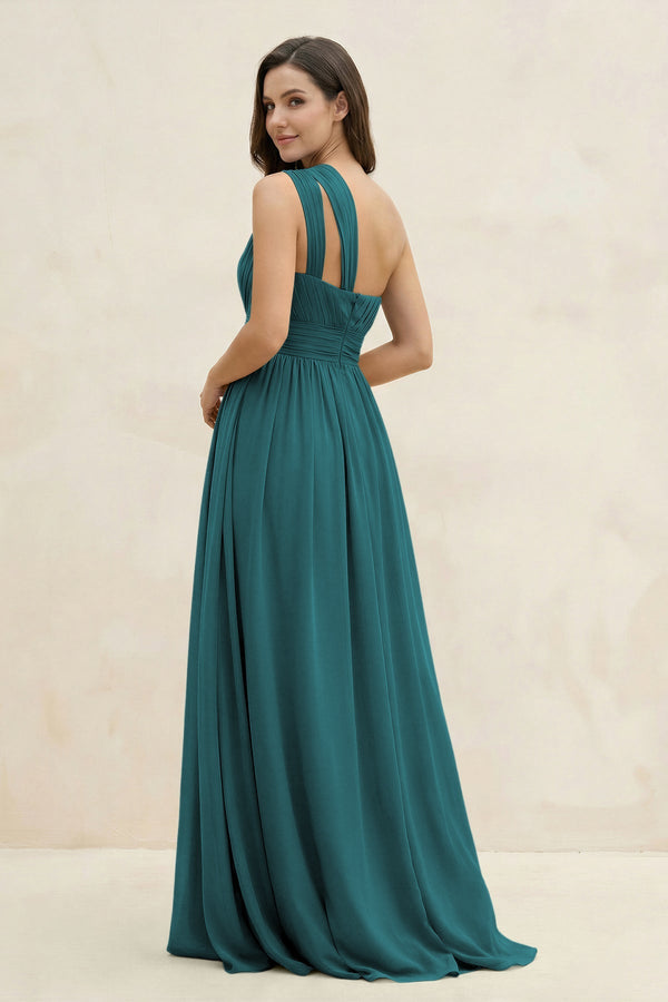 One - Shoulder Pleated A - Line Chiffon Bridesmaid Dress in Pine - SHE IS ME Bridesmaid Dresses