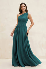 One - Shoulder Pleated A - Line Chiffon Bridesmaid Dress in Pine - KISS BRIDAL Bridesmaid Dresses