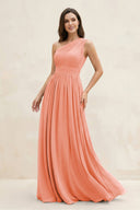 One - Shoulder Pleated A - Line Chiffon Bridesmaid Dress in Rosette - SHE IS ME Bridesmaid Dresses