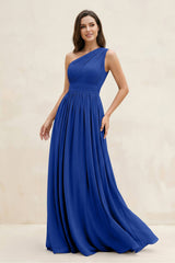 One - Shoulder Pleated A - Line Chiffon Bridesmaid Dress in Royal Blue - KISS BRIDAL Bridesmaid Dresses