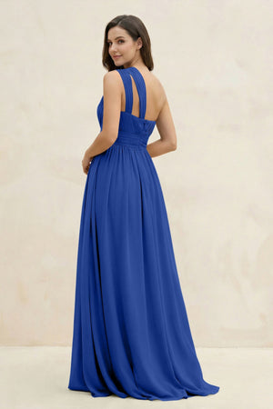 One - Shoulder Pleated A - Line Chiffon Bridesmaid Dress in Royal Blue - SHE IS ME Bridesmaid Dresses