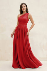 One - Shoulder Pleated A - Line Chiffon Bridesmaid Dress in Ruby Red - KISS BRIDAL Bridesmaid Dresses