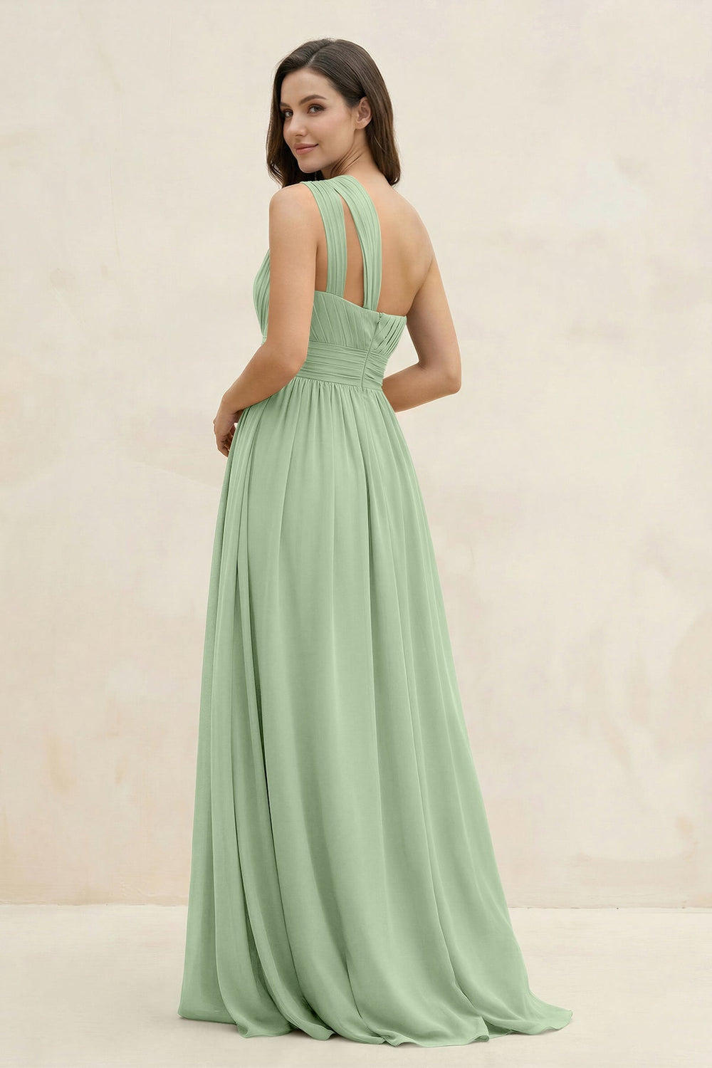 One - Shoulder Pleated A - Line Chiffon Bridesmaid Dress in Sage - KISS BRIDAL Bridesmaid Dresses