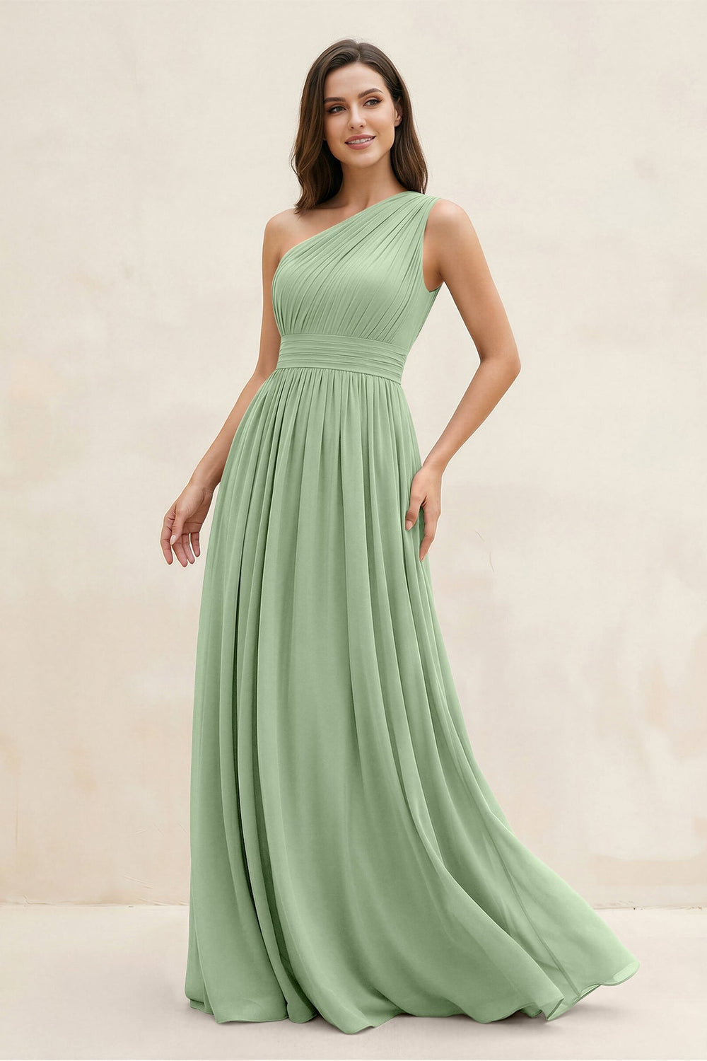 One - Shoulder Pleated A - Line Chiffon Bridesmaid Dress in Sage - KISS BRIDAL Bridesmaid Dresses