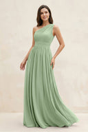 One - Shoulder Pleated A - Line Chiffon Bridesmaid Dress in Sage - SHE IS ME Bridesmaid Dresses