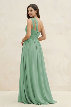 One - Shoulder Pleated A - Line Chiffon Bridesmaid Dress in Sea Glass - SHE IS ME Bridesmaid Dresses