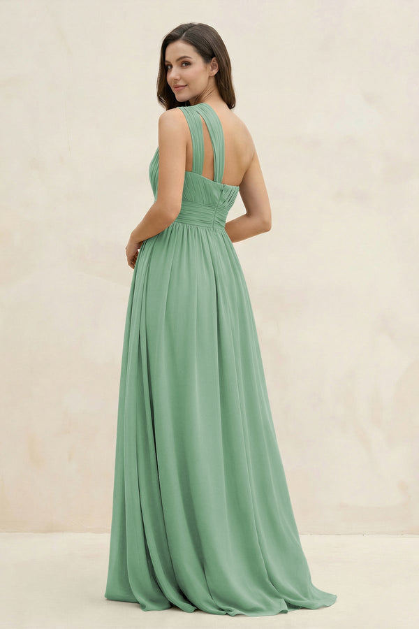 One - Shoulder Pleated A - Line Chiffon Bridesmaid Dress in Sea Glass - SHE IS ME Bridesmaid Dresses