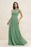 One - Shoulder Pleated A - Line Chiffon Bridesmaid Dress in Sea Glass - SHE IS ME Bridesmaid Dresses
