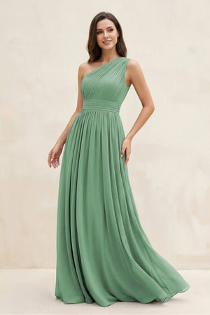 One - Shoulder Pleated A - Line Chiffon Bridesmaid Dress in Sea Glass - SHE IS ME Bridesmaid Dresses