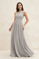 One - Shoulder Pleated A - Line Chiffon Bridesmaid Dress in Silver - SHE IS ME Bridesmaid Dresses