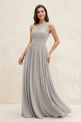 One - Shoulder Pleated A - Line Chiffon Bridesmaid Dress in Silver - KISS BRIDAL Bridesmaid Dresses