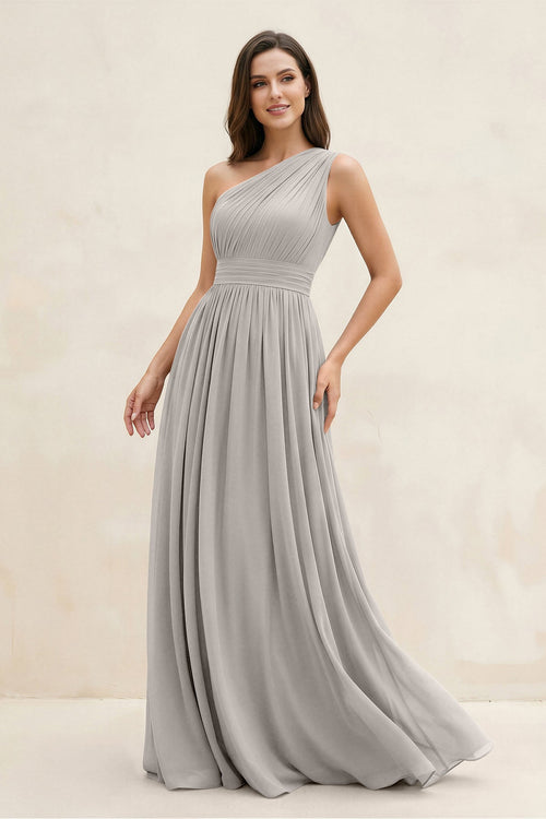 One - Shoulder Pleated A - Line Chiffon Bridesmaid Dress in Silver - SHE IS ME Bridesmaid Dresses