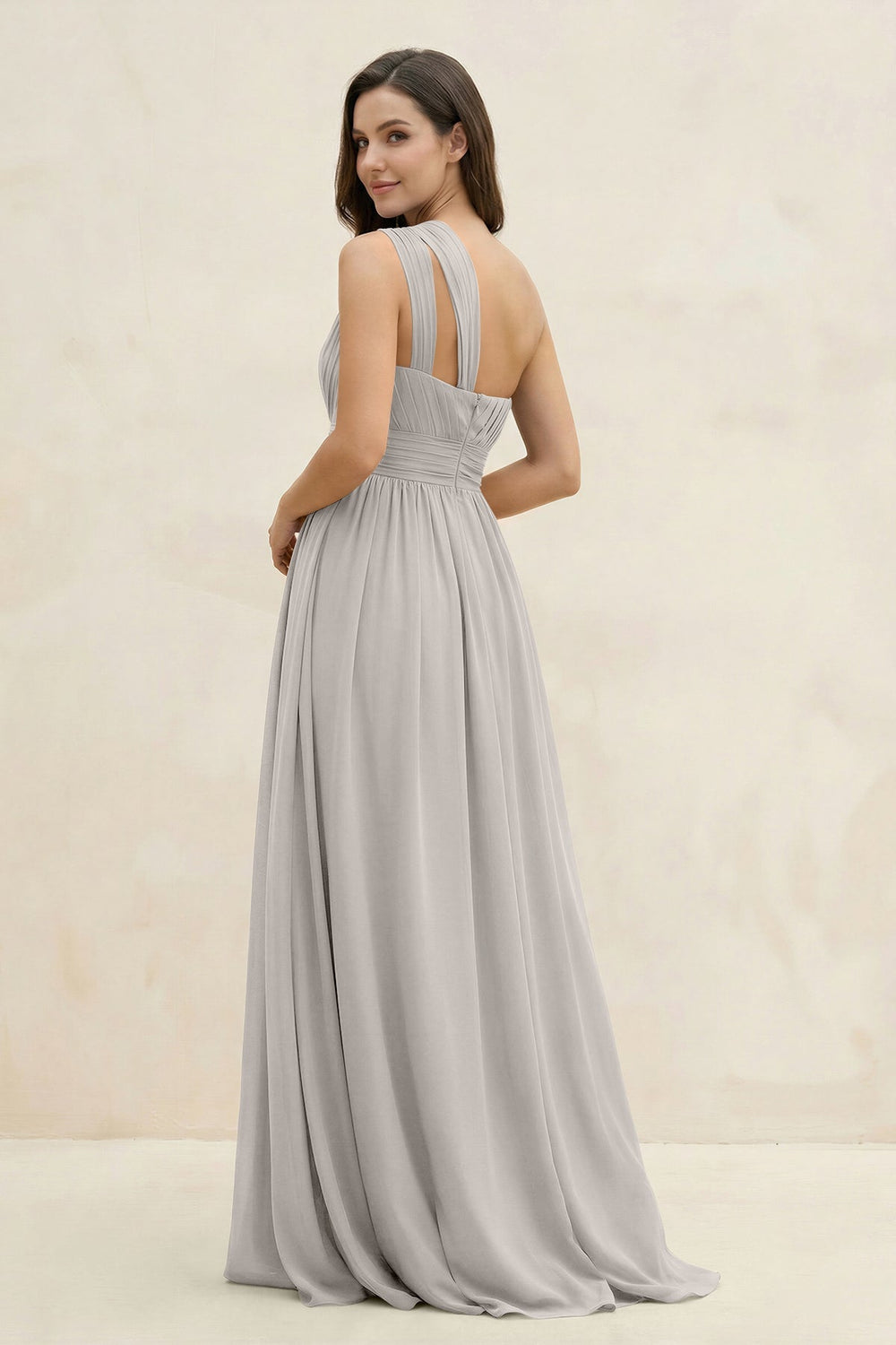 One - Shoulder Pleated A - Line Chiffon Bridesmaid Dress in Silver - KISS BRIDAL Bridesmaid Dresses