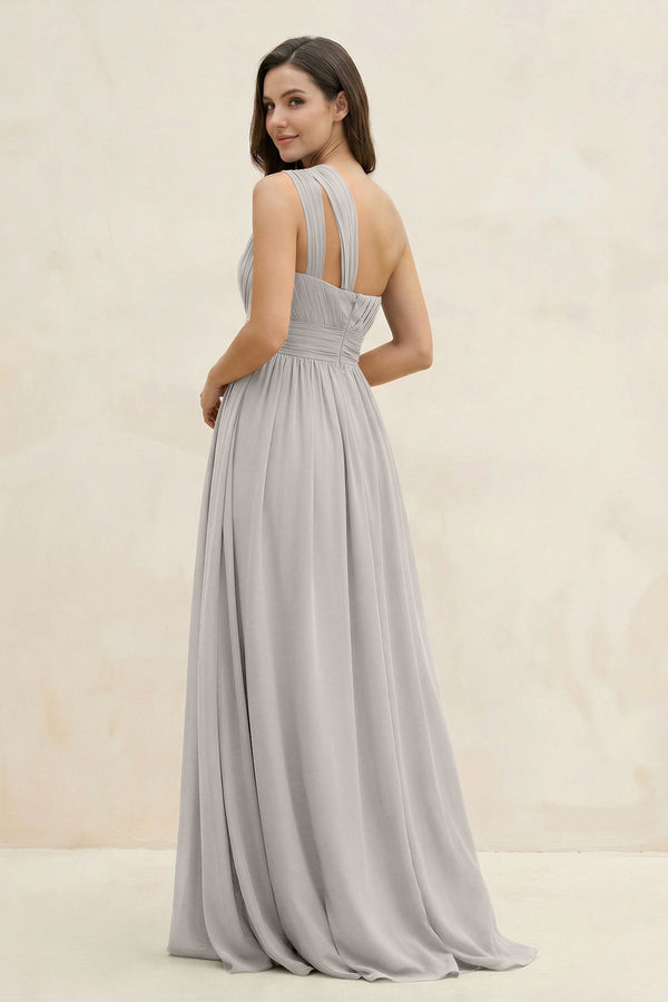 One - Shoulder Pleated A - Line Chiffon Bridesmaid Dress in Silver - SHE IS ME Bridesmaid Dresses