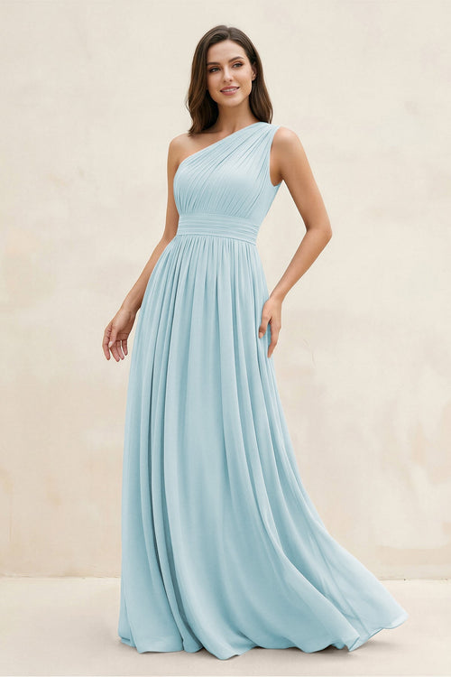 One - Shoulder Pleated A - Line Chiffon Bridesmaid Dress in Sky Blue - SHE IS ME Bridesmaid Dresses