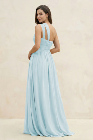 One - Shoulder Pleated A - Line Chiffon Bridesmaid Dress in Sky Blue - SHE IS ME Bridesmaid Dresses
