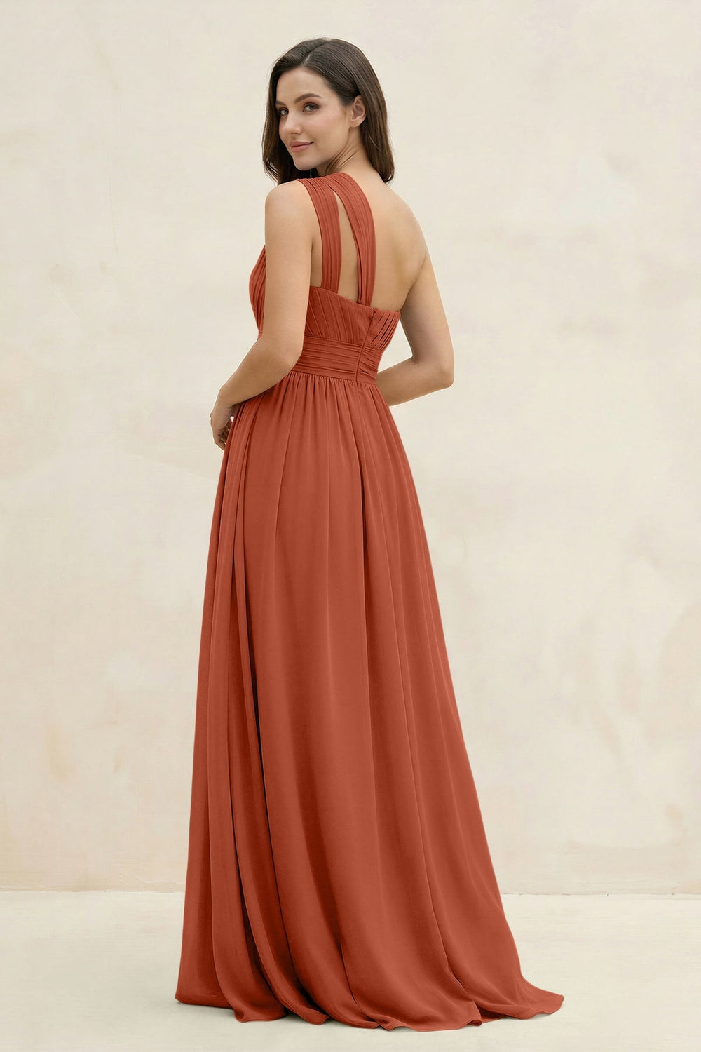 One - Shoulder Pleated A - Line Chiffon Bridesmaid Dress in Spice - KISS BRIDAL Bridesmaid Dresses
