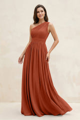 One - Shoulder Pleated A - Line Chiffon Bridesmaid Dress in Spice - KISS BRIDAL Bridesmaid Dresses