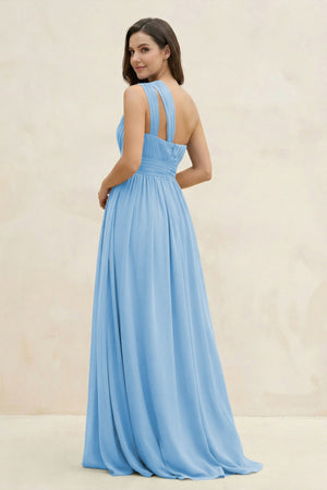One - Shoulder Pleated A - Line Chiffon Bridesmaid Dress in Steel Blue - SHE IS ME Bridesmaid Dresses