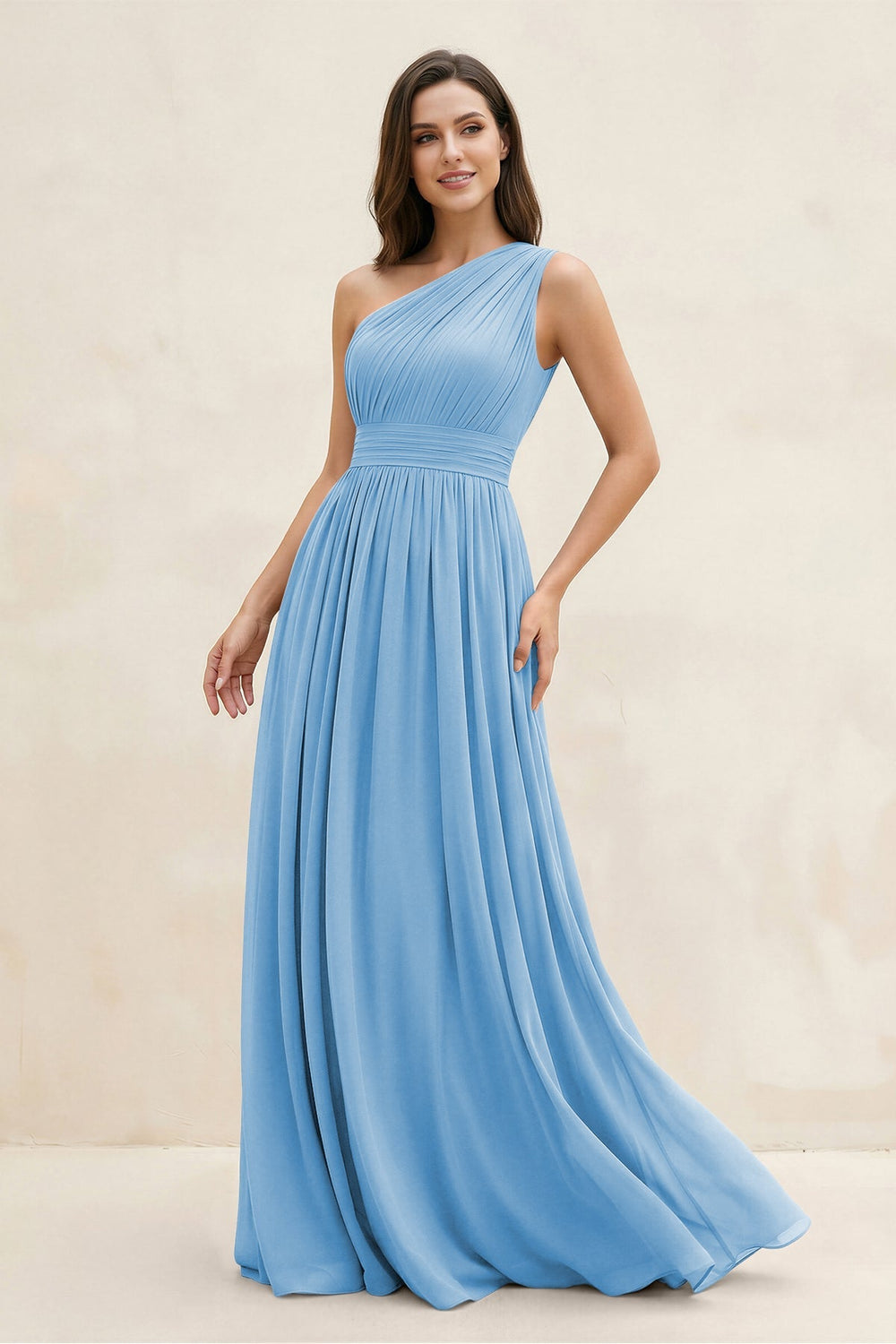 One - Shoulder Pleated A - Line Chiffon Bridesmaid Dress in Steel Blue - KISS BRIDAL Bridesmaid Dresses
