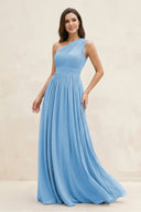 One - Shoulder Pleated A - Line Chiffon Bridesmaid Dress in Steel Blue - SHE IS ME Bridesmaid Dresses