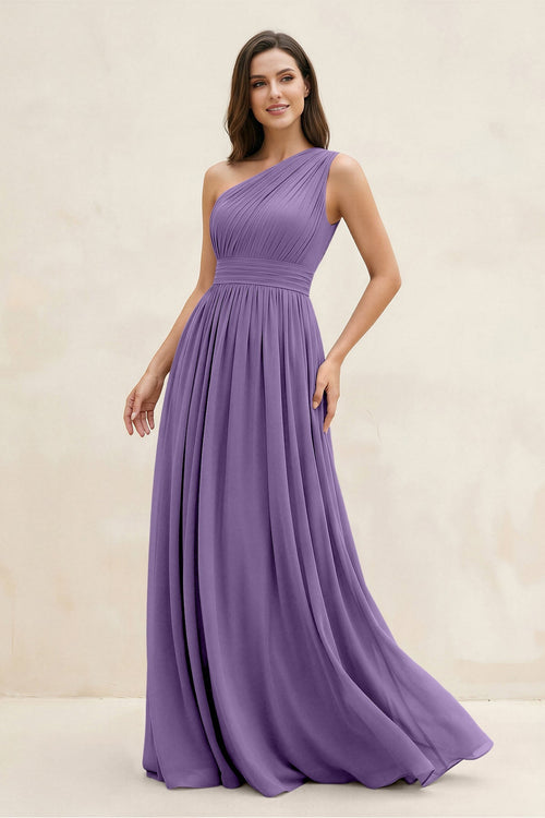 One - Shoulder Pleated A - Line Chiffon Bridesmaid Dress in Tahiti - SHE IS ME Bridesmaid Dresses