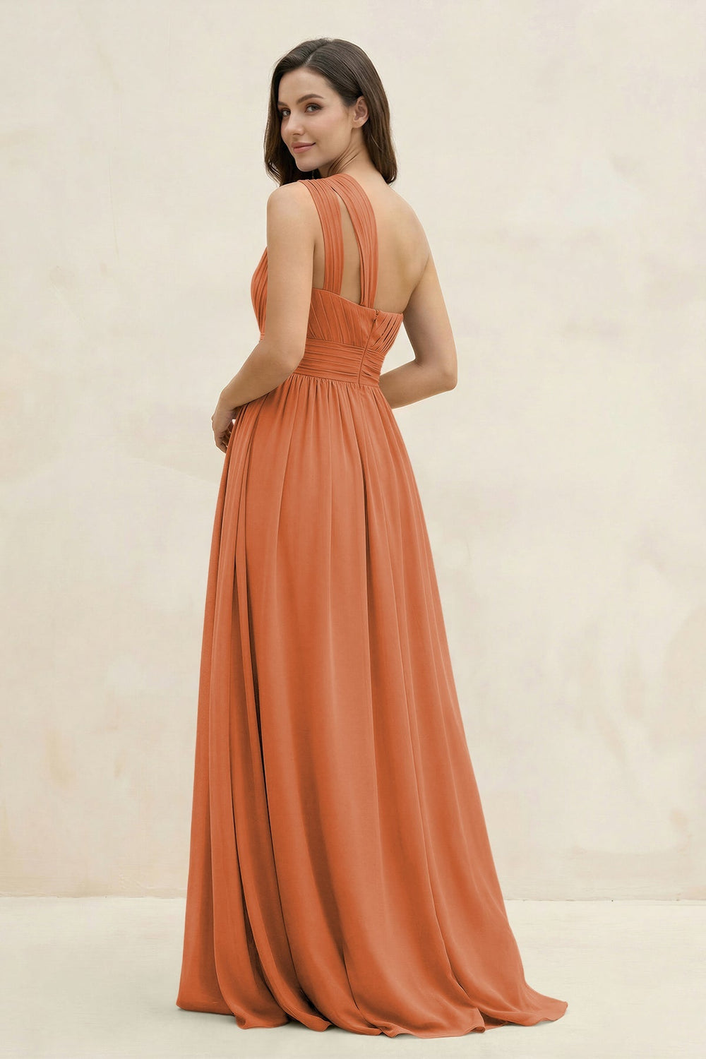 One - Shoulder Pleated A - Line Chiffon Bridesmaid Dress in Terracotta - KISS BRIDAL Bridesmaid Dresses