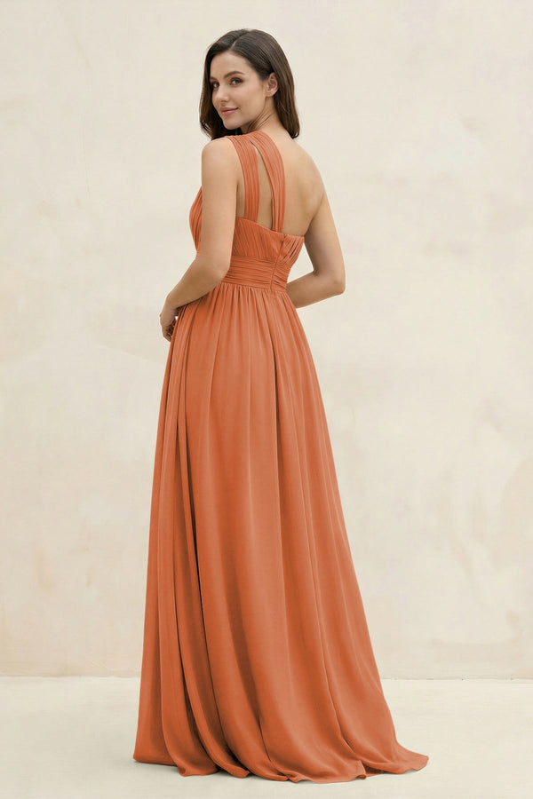 One - Shoulder Pleated A - Line Chiffon Bridesmaid Dress in Terracotta - SHE IS ME Bridesmaid Dresses