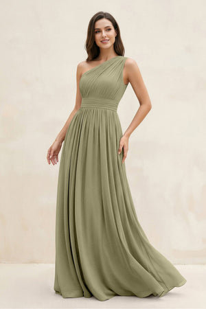 One - Shoulder Pleated A - Line Chiffon Bridesmaid Dress in Thyme - SHE IS ME Bridesmaid Dresses