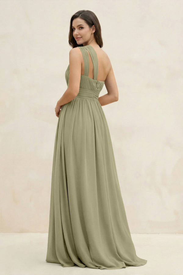 One - Shoulder Pleated A - Line Chiffon Bridesmaid Dress in Thyme - SHE IS ME Bridesmaid Dresses