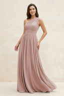 One - Shoulder Pleated A - Line Chiffon Bridesmaid Dress in Toffee - SHE IS ME Bridesmaid Dresses