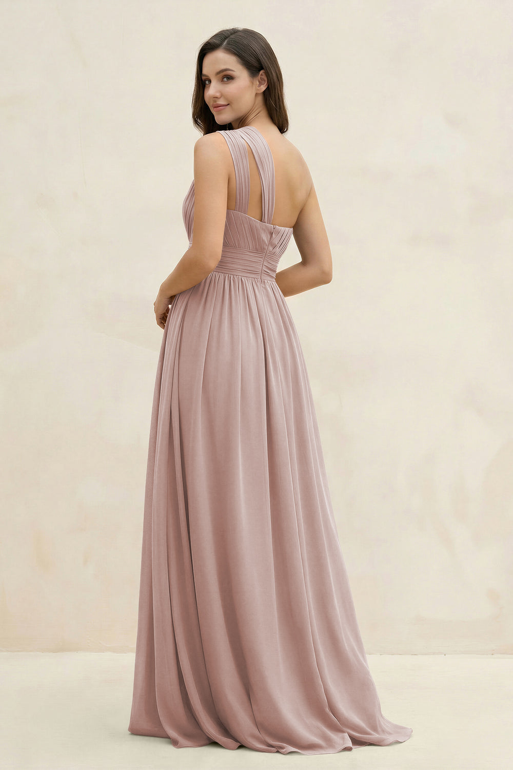 One-Shoulder Pleated A-Line Chiffon Bridesmaid Dress in Toffee