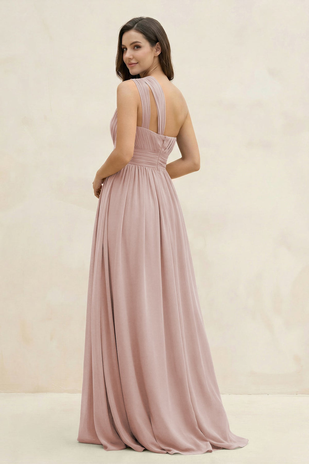 One - Shoulder Pleated A - Line Chiffon Bridesmaid Dress in Toffee - KISS BRIDAL Bridesmaid Dresses