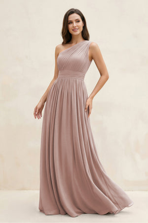 One-Shoulder Pleated A-Line Chiffon Bridesmaid Dress in Toffee | KISSBRIDAL