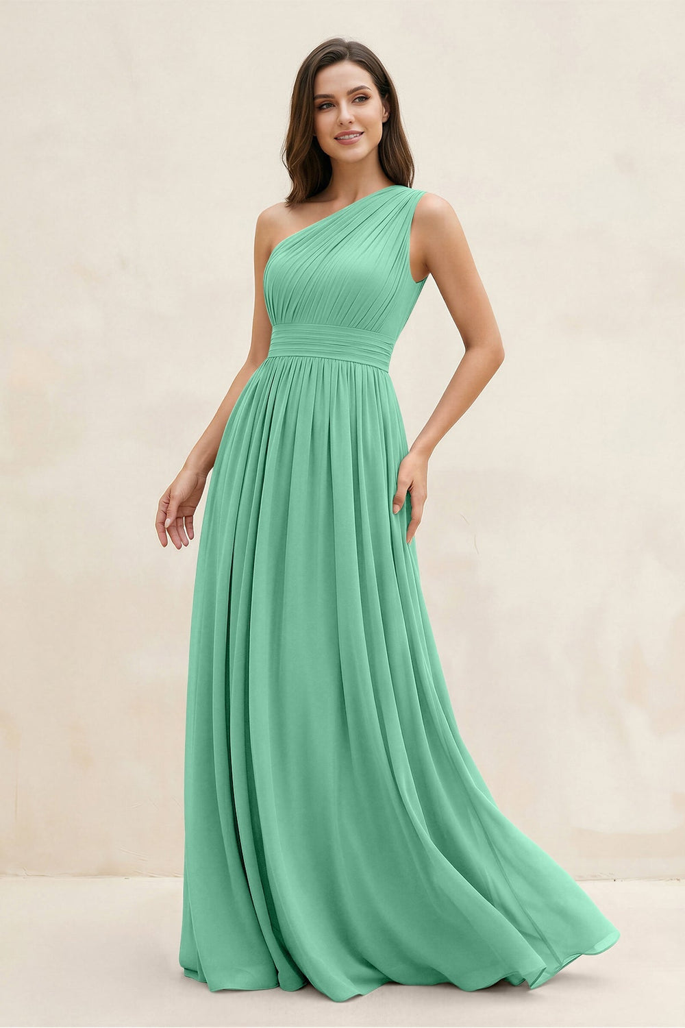 One - Shoulder Pleated A - Line Chiffon Bridesmaid Dress in Turquoise - KISS BRIDAL Bridesmaid Dresses