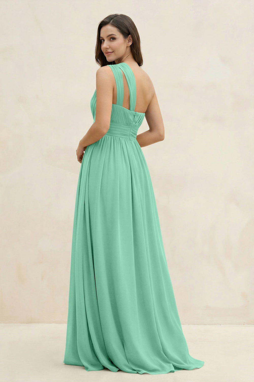 One - Shoulder Pleated A - Line Chiffon Bridesmaid Dress in Turquoise - KISS BRIDAL Bridesmaid Dresses