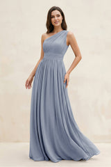 One - Shoulder Pleated A - Line Chiffon Bridesmaid Dress in Twilight - KISS BRIDAL Bridesmaid Dresses