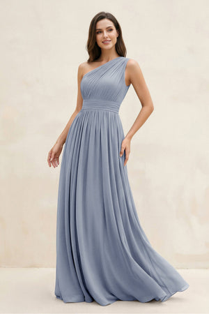 One - Shoulder Pleated A - Line Chiffon Bridesmaid Dress in Twilight - SHE IS ME Bridesmaid Dresses