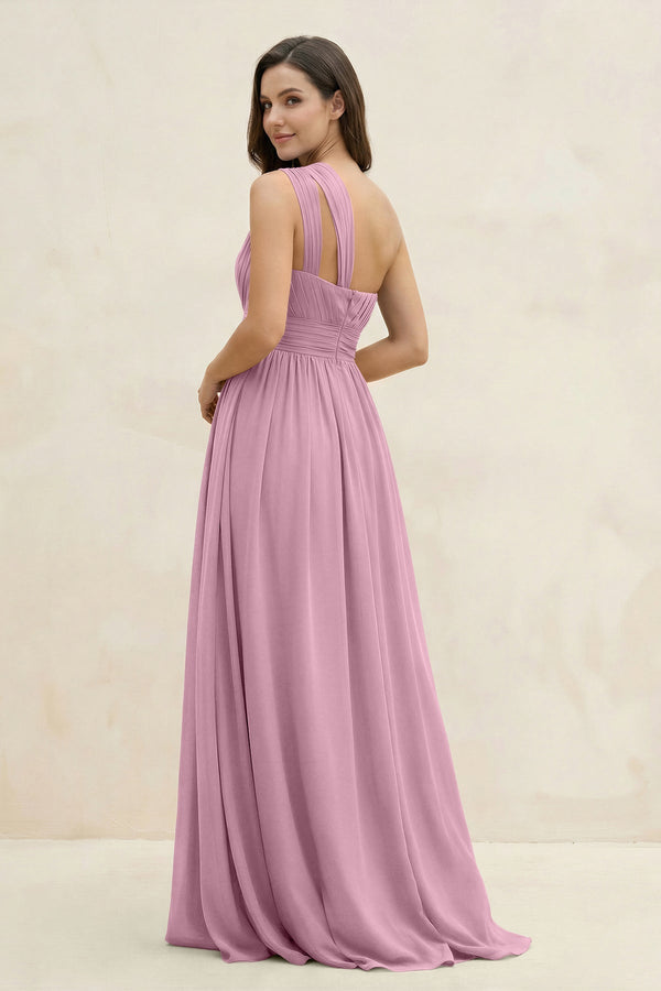One - Shoulder Pleated A - Line Chiffon Bridesmaid Dress in Vintage Mauve - SHE IS ME Bridesmaid Dresses
