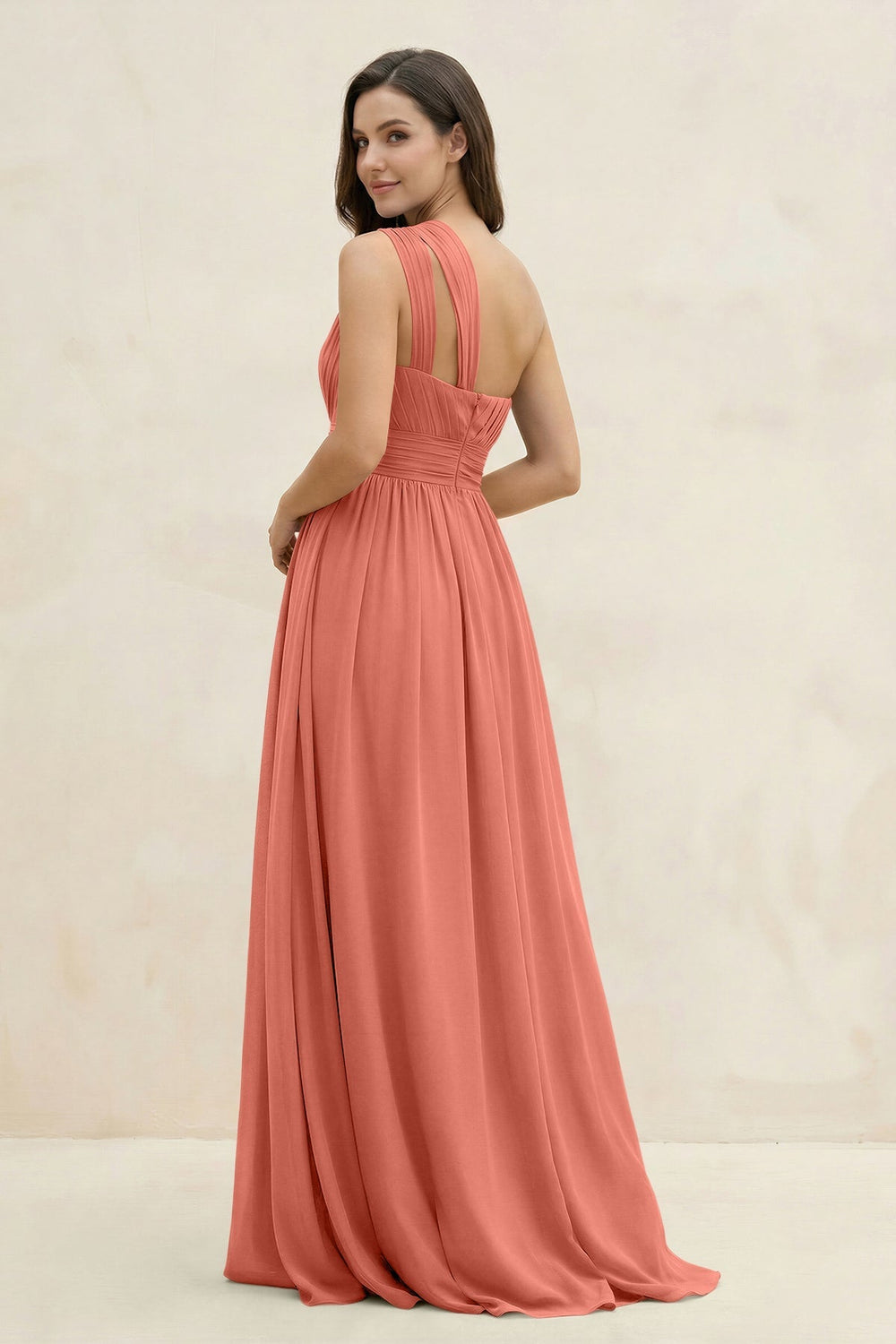 One - Shoulder Pleated A - Line Chiffon Bridesmaid Dress in Wild Rose - KISS BRIDAL Bridesmaid Dresses