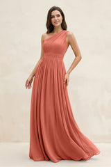 One - Shoulder Pleated A - Line Chiffon Bridesmaid Dress in Wild Rose - KISS BRIDAL Bridesmaid Dresses