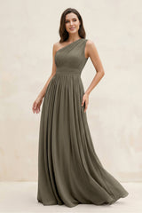 One - Shoulder Pleated A - Line Chiffon Bridesmaid Dress in Willow Green - KISS BRIDAL Bridesmaid Dresses