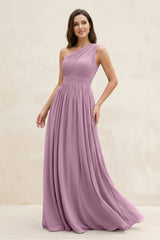 One - Shoulder Pleated A - Line Chiffon Bridesmaid Dress in Wisteria - KISS BRIDAL Bridesmaid Dresses