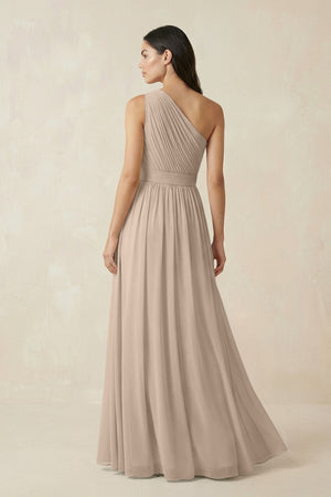 One - Shoulder Pleated Chiffon Bridesmaid Gown in Almond - KISS BRIDAL Bridesmaid Dresses