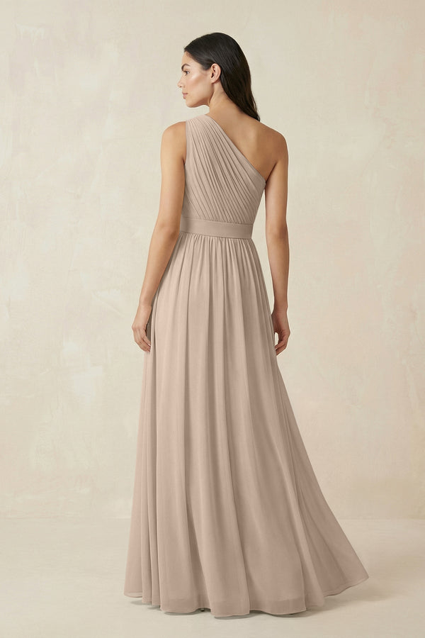 One - Shoulder Pleated Chiffon Bridesmaid Gown in Almond - KISS BRIDAL Bridesmaid Dresses