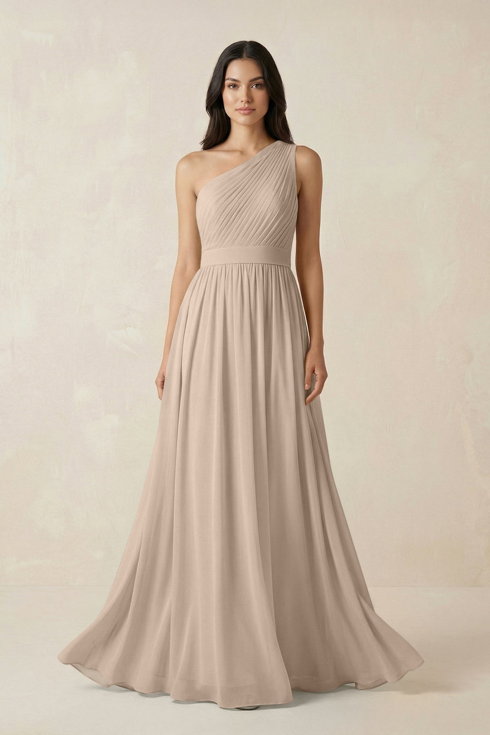 One - Shoulder Pleated Chiffon Bridesmaid Gown in Almond - KISS BRIDAL Bridesmaid Dresses
