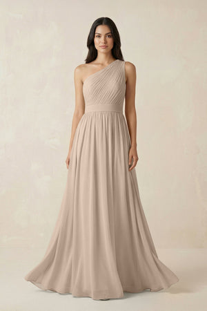 One - Shoulder Pleated Chiffon Bridesmaid Gown in Almond - KISS BRIDAL Bridesmaid Dresses
