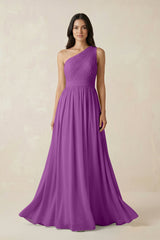 One - Shoulder Pleated Chiffon Bridesmaid Gown in Amethyst - KISS BRIDAL Bridesmaid Dresses