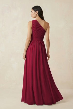 One - Shoulder Pleated Chiffon Bridesmaid Gown in Berry - KISS BRIDAL Bridesmaid Dresses